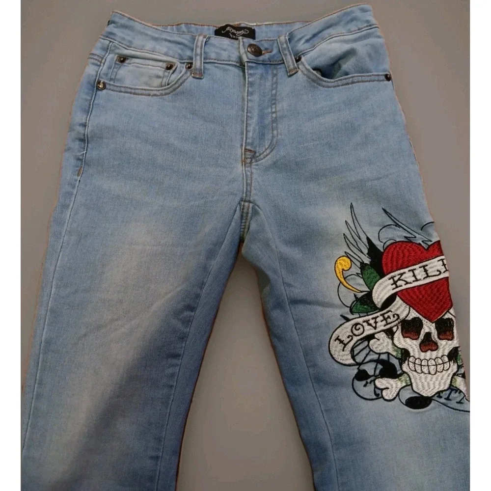 Women's Ed Hardy Jeans‎ size 26X24 Embroidered Wide Leg Love Kills Slow Flared